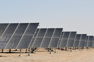 A row of solar panels in a desert